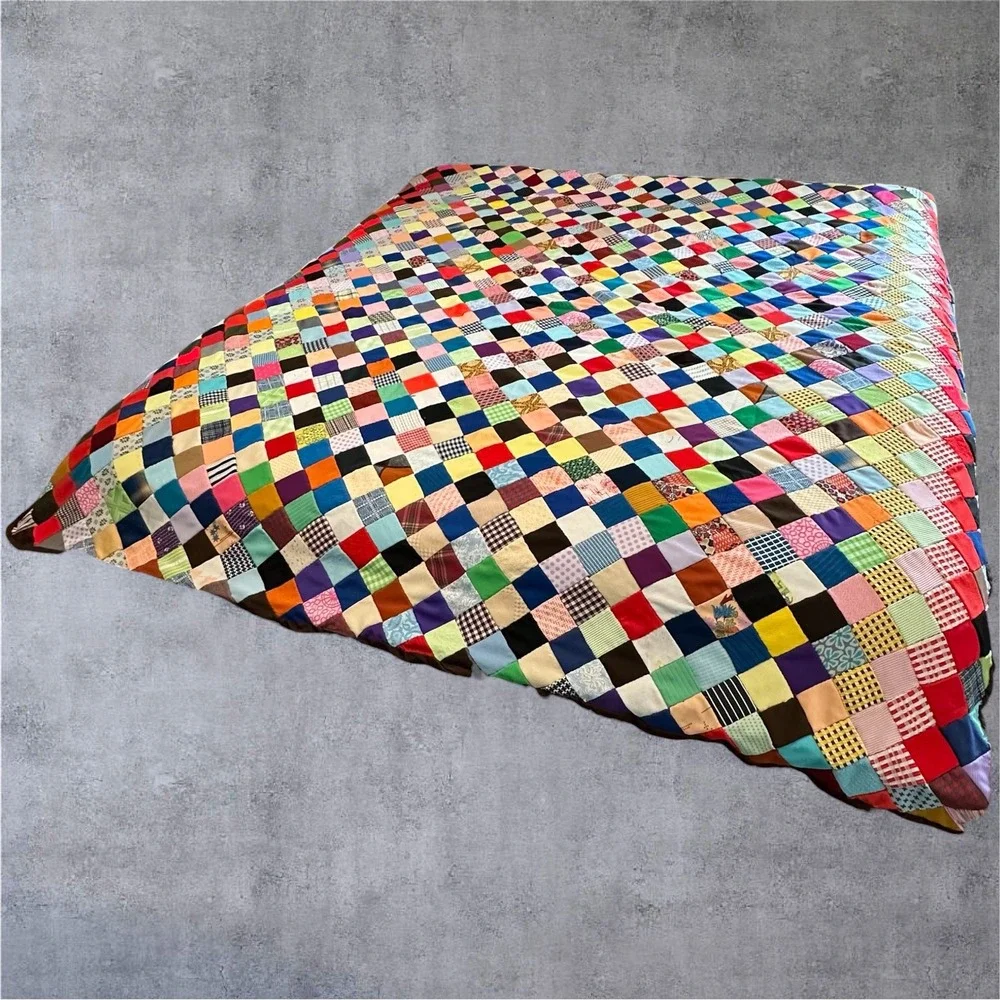 Vintage Unfinished Patchwork Quilt Top 82x80 Multi Color Hand Stitched Square